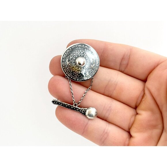 Shield & Sword Siam Sterling Silver Vintage Thai Made Dangle Style Brooch - Picture 6 of 10